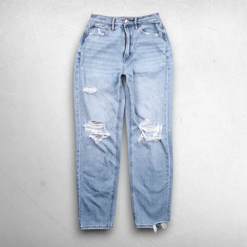 American Eagle Baggy Jeans Women 2 Blue Distressed Faded Stretch Grunge Retro